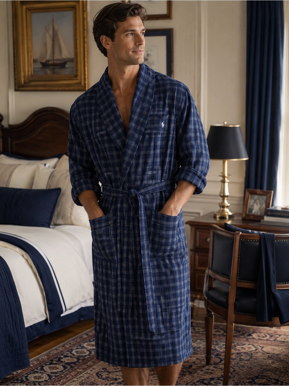 Polo Ralph Lauren Blue Plaid Cotton Robe Sleepwear w/ belt Large XL